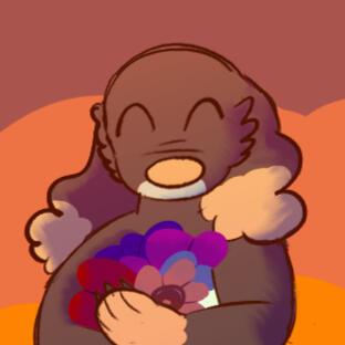 A cropped drawing of my fursona, Anabel. He is smiling with his eyes closed and holding different colored flowers. The drawing has a warm overlay and the background is a sunset.